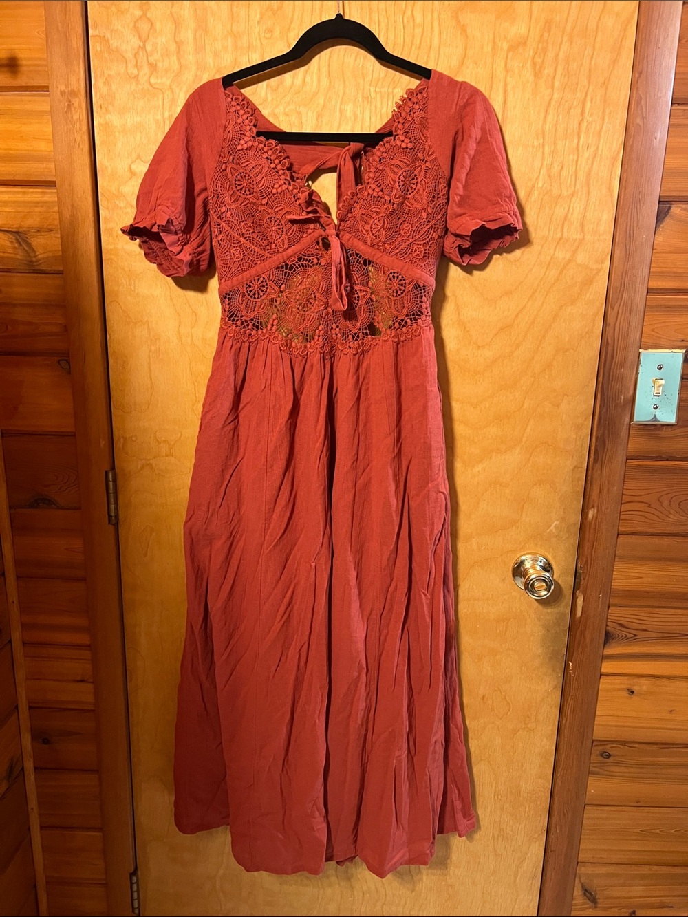 Free People Rust Red Crochet Tie-Front Maxi Dress